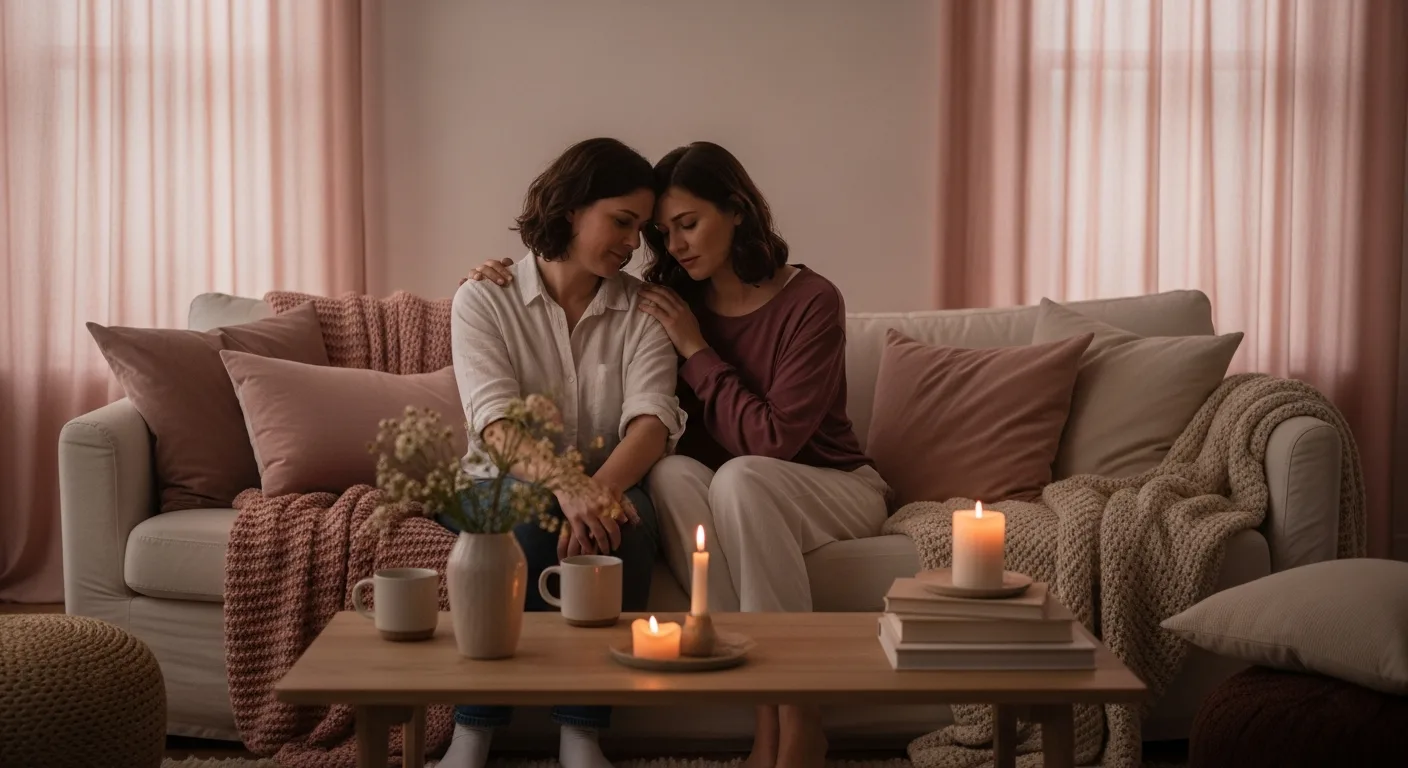 Two women sitting close on a couch in warm light, one resting her head on the other's shoulder, quietly comforted