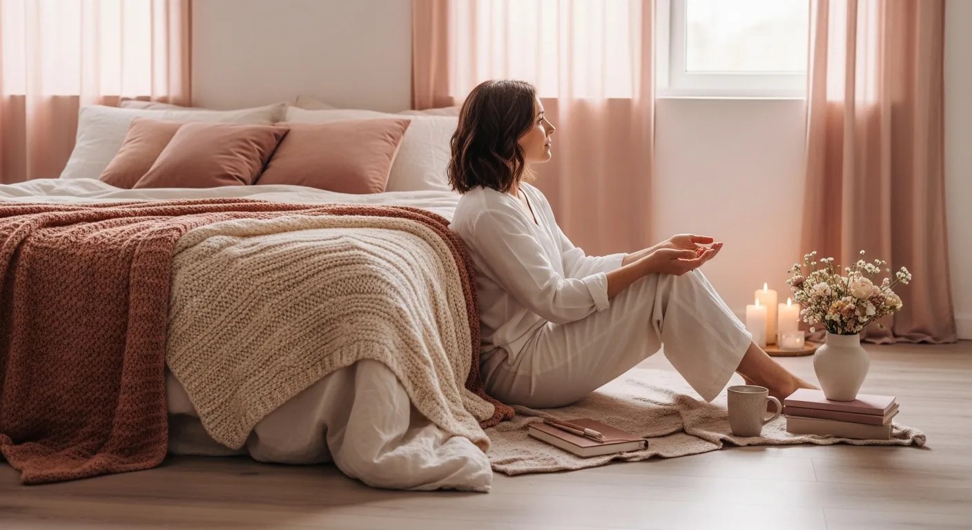 A woman sitting on the floor against her bed in soft late-afternoon light, a closed journal beside her, quietly at peace