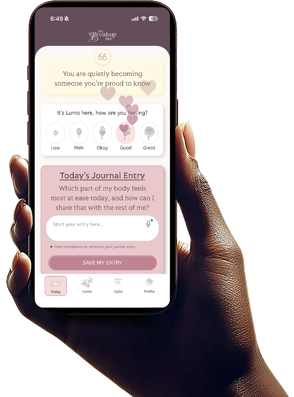 The Breakup Bible app held in hand, showing the Today feed and mood check-in