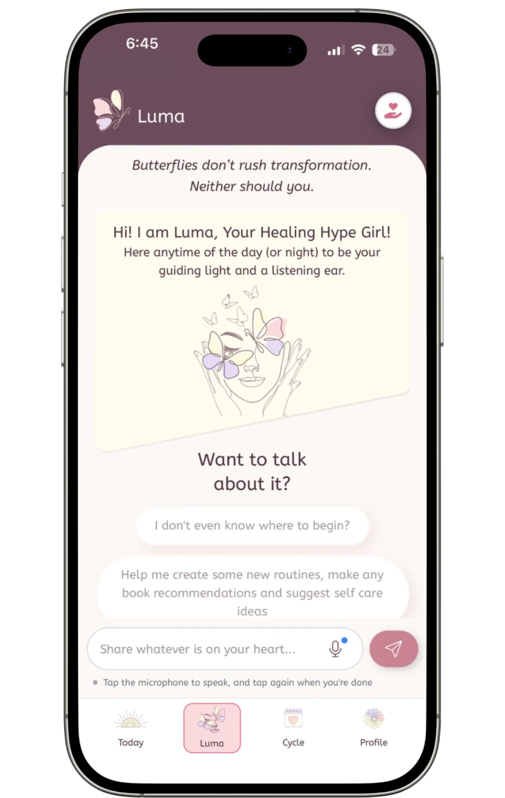 The Breakup Bible app showing a chat conversation with Luma, the Healing Hype Girl