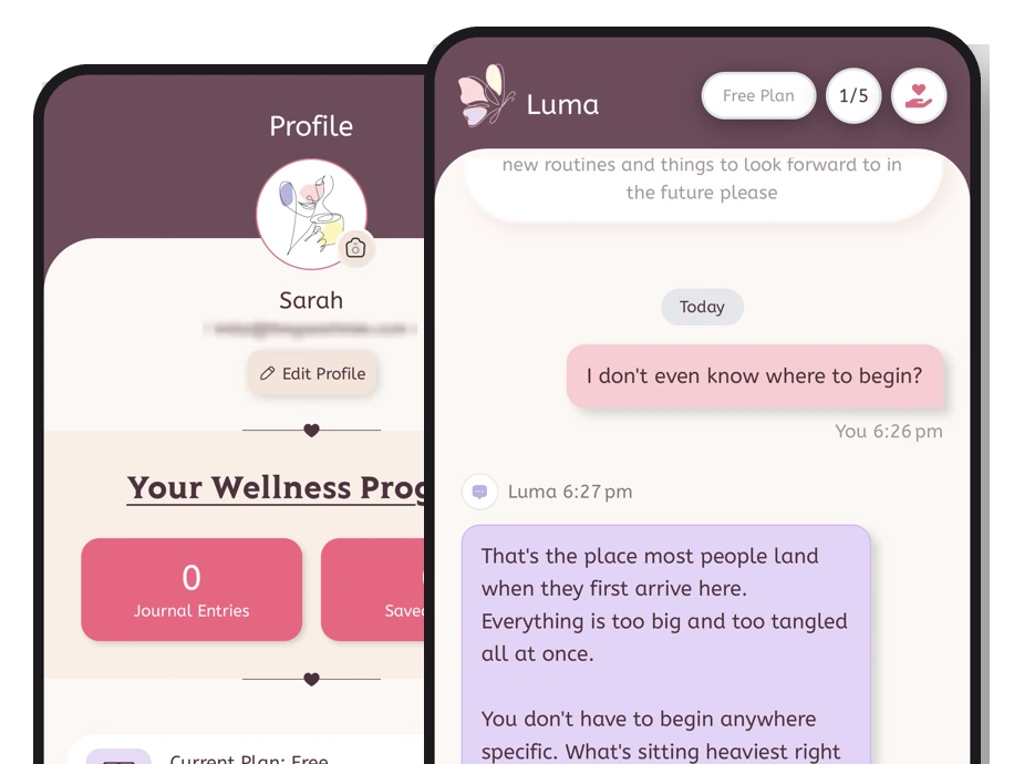 Breakup Bible app, Profile and Luma screens
