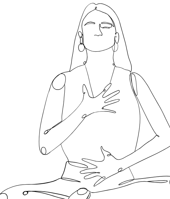 Single-line drawing of a woman with a hand resting on her heart
