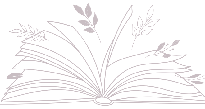 Single-line drawing of an open book with leaves
